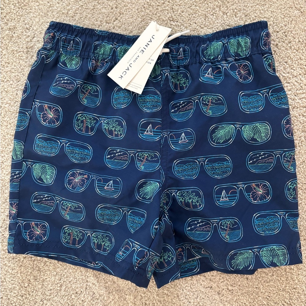 Janie and Jack Blue Swim Trunks with Retro Pattern